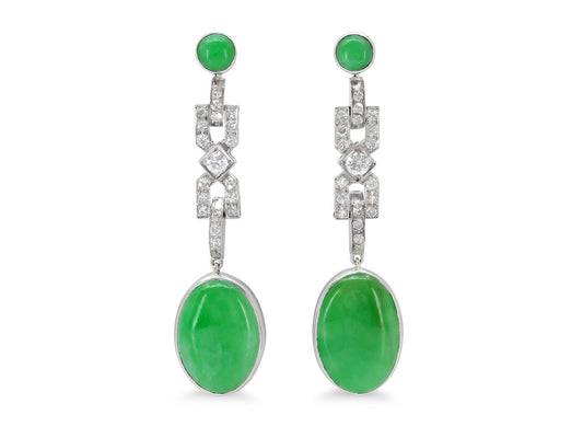 Art Deco Diamond and Jade Earrings in Platinum