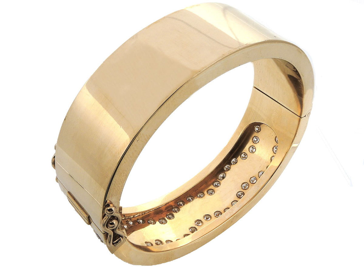 Wide hinged 18K yellow gold bangle with two diamond lines