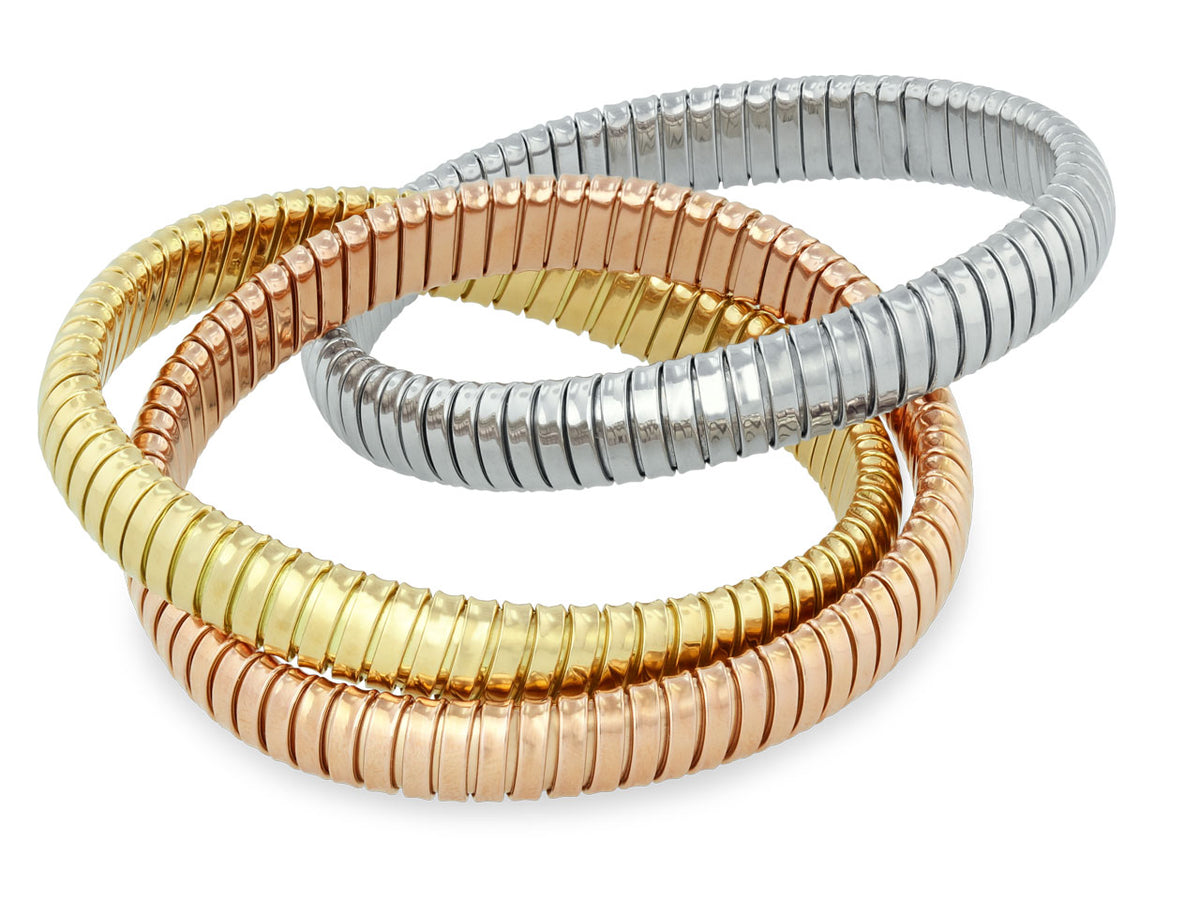 Three interlocking tubogas bracelets in 18K yellow white and rose gold