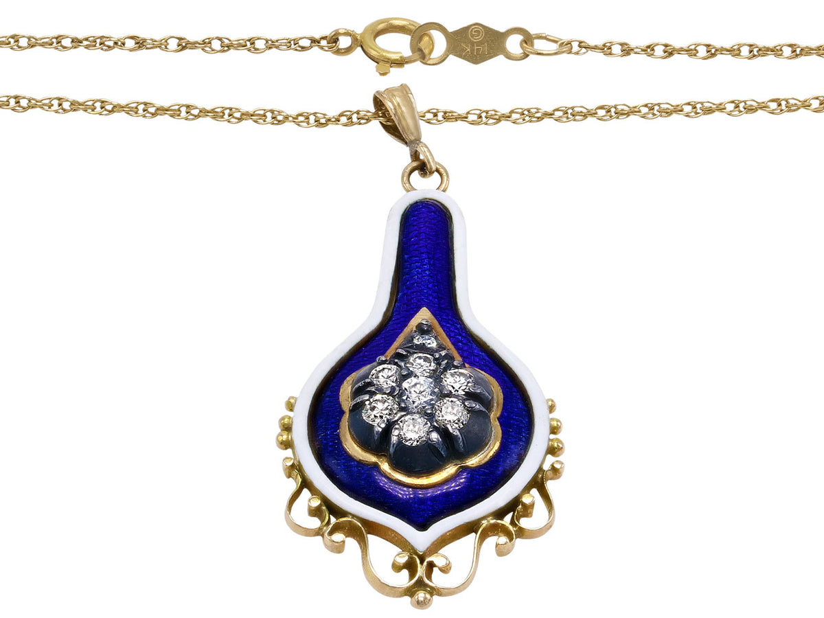 Blue enamel diamond pendant on a gold chain