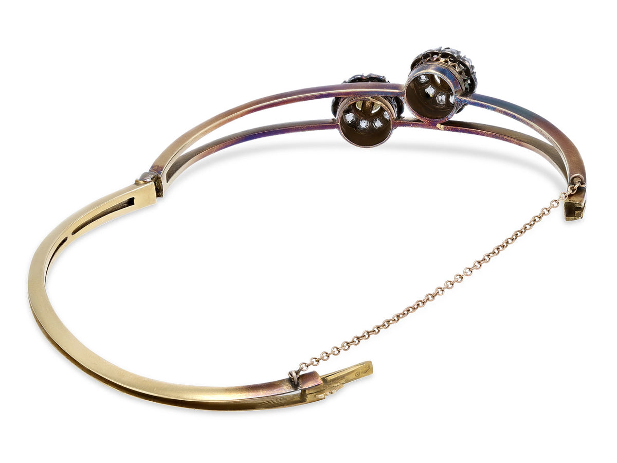 Open 14K gold bangle with pearl and diamond tops