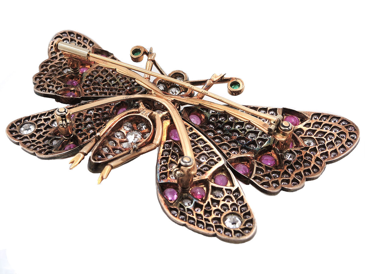 Ruby and diamond butterfly brooch with articulated wings