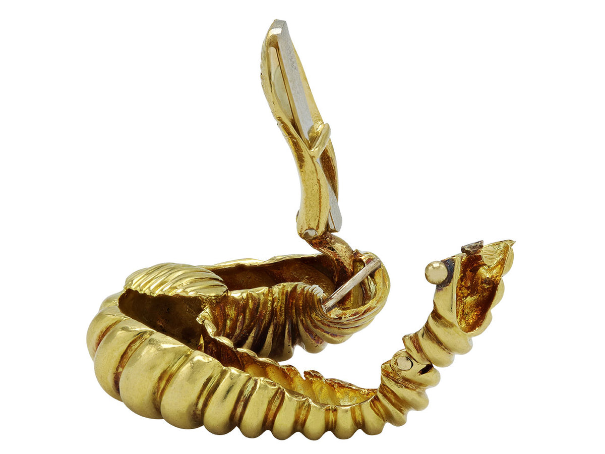 Twisted 18K gold hoop earrings on white background