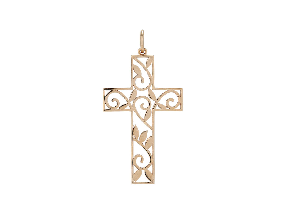 Openwork 18K rose gold cross pendant with ivy leaves