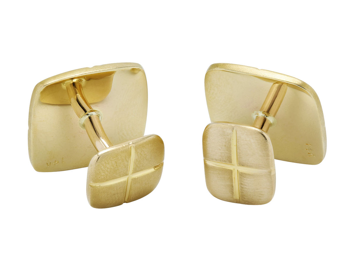 14K gold cufflinks with square brushed panels and cross grooves