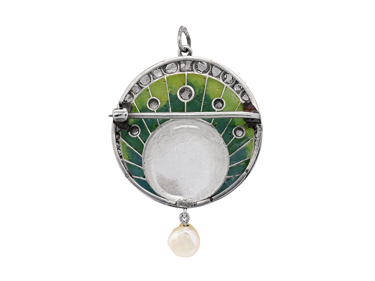 Antique Art Nouveau platinum pendant with green enamel pearl and diamonds