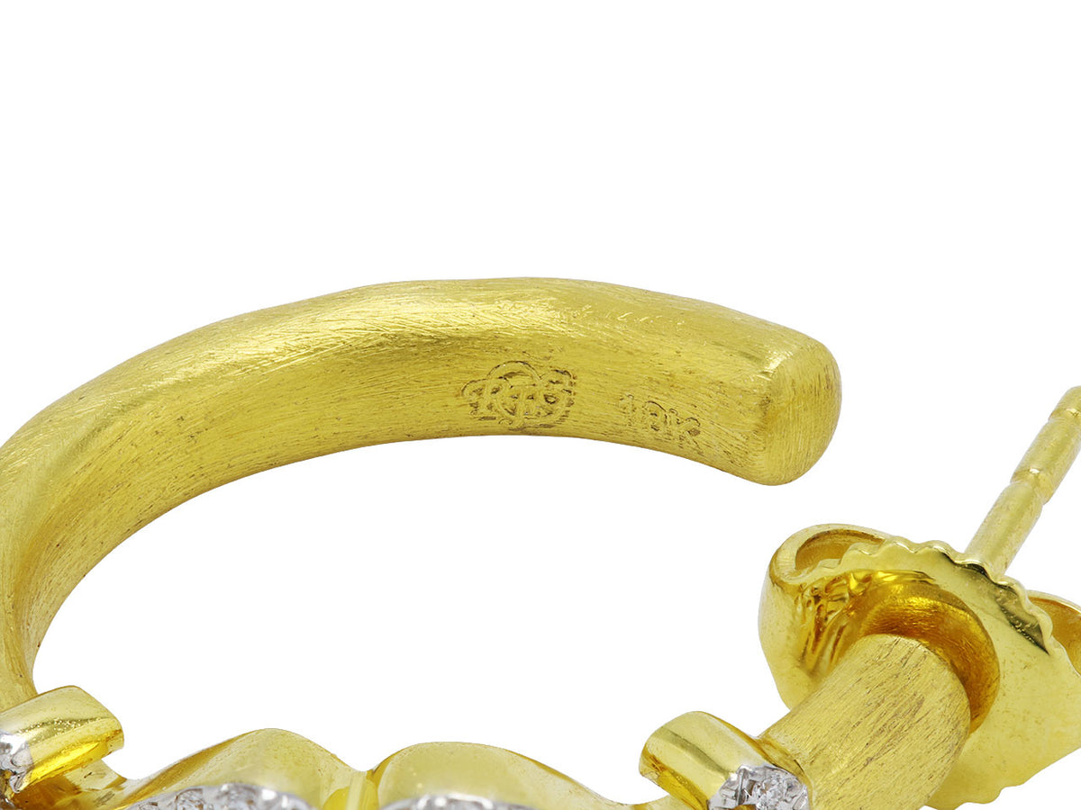 Textured 18K gold hoop earring with diamond scroll detail