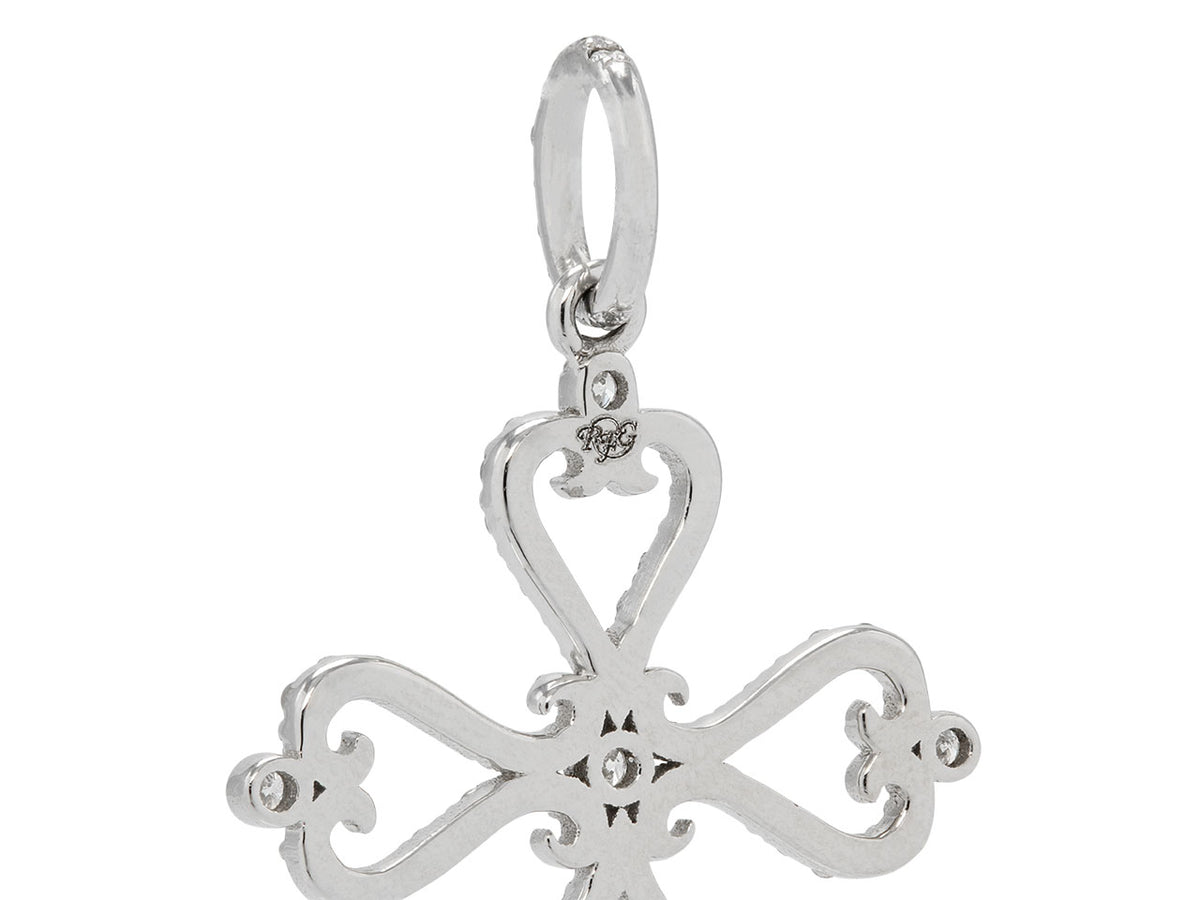 White gold openwork cross pendant with diamond accents