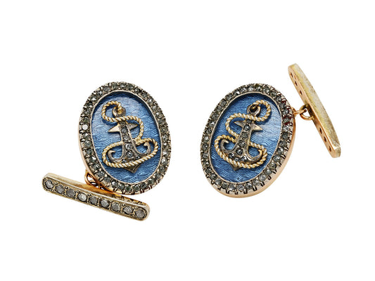 Rose gold blue enamel anchor cufflinks with diamonds