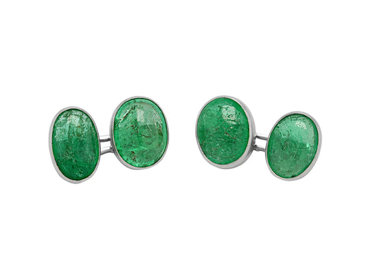 Platinum cufflinks with oval cabochon emeralds
