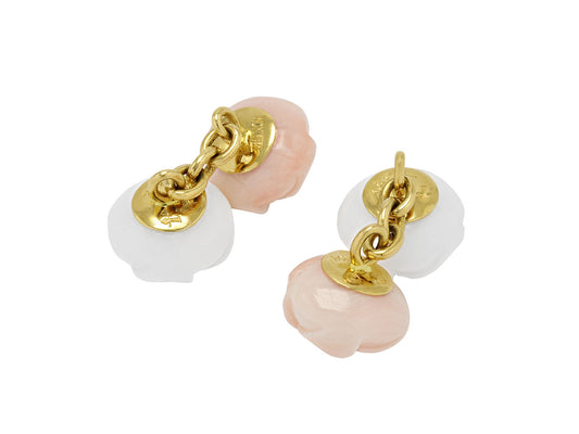 Carved pink and white onyx floral cufflinks with gold chains