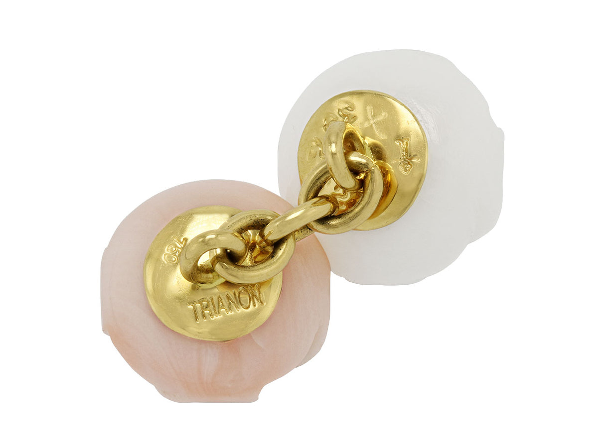 Pink and white onyx cufflinks linked by gold chain