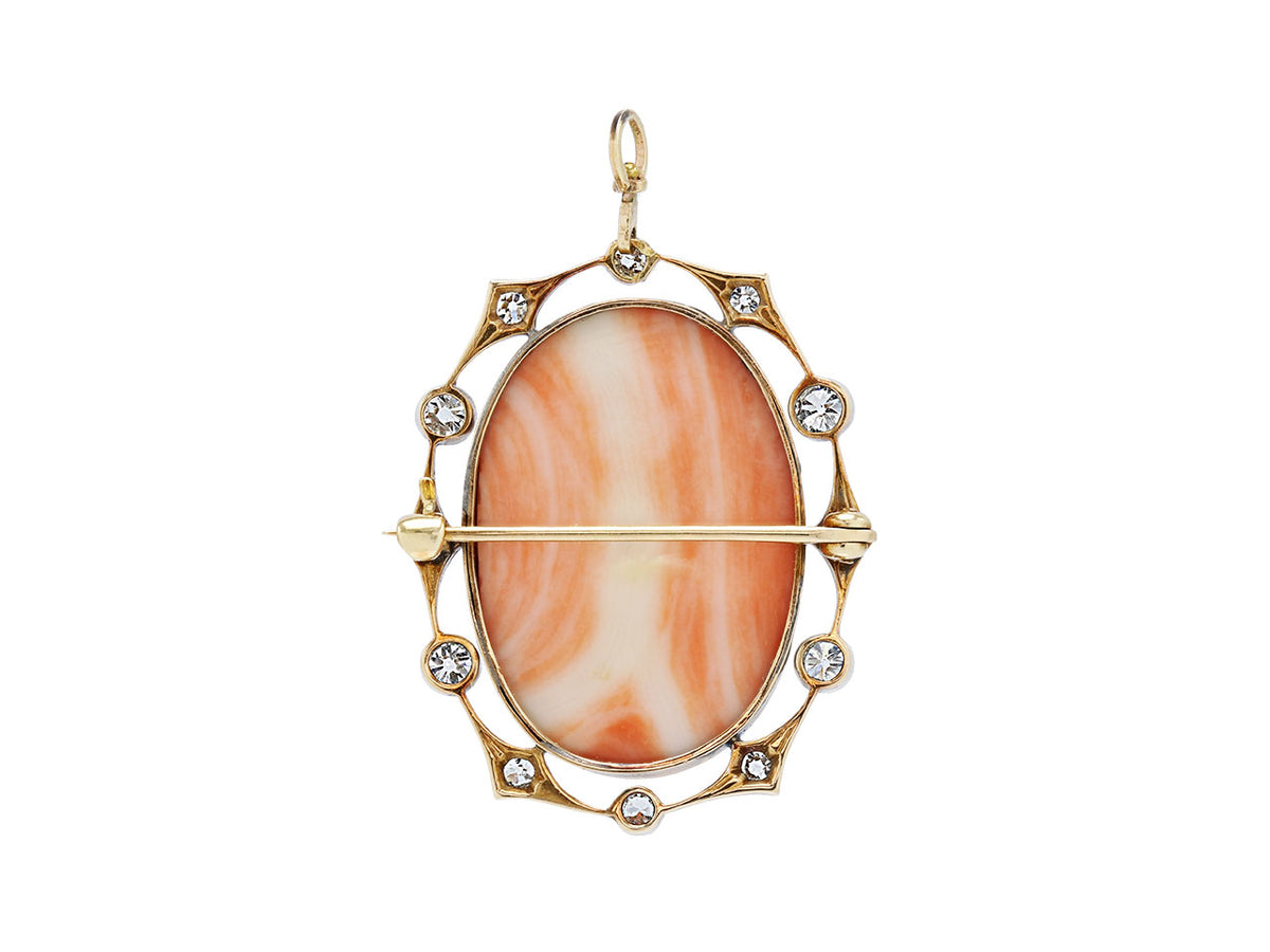 Oval coral pendant brooch with diamond openwork frame