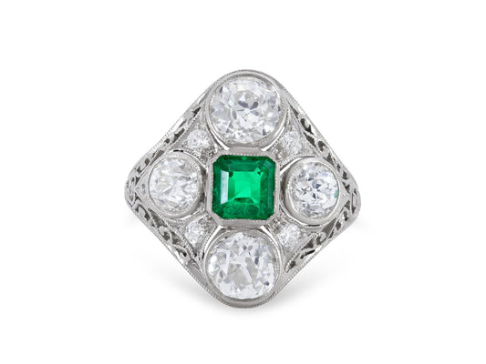 Antique Edwardian Emerald and Diamond Ring in Platinum