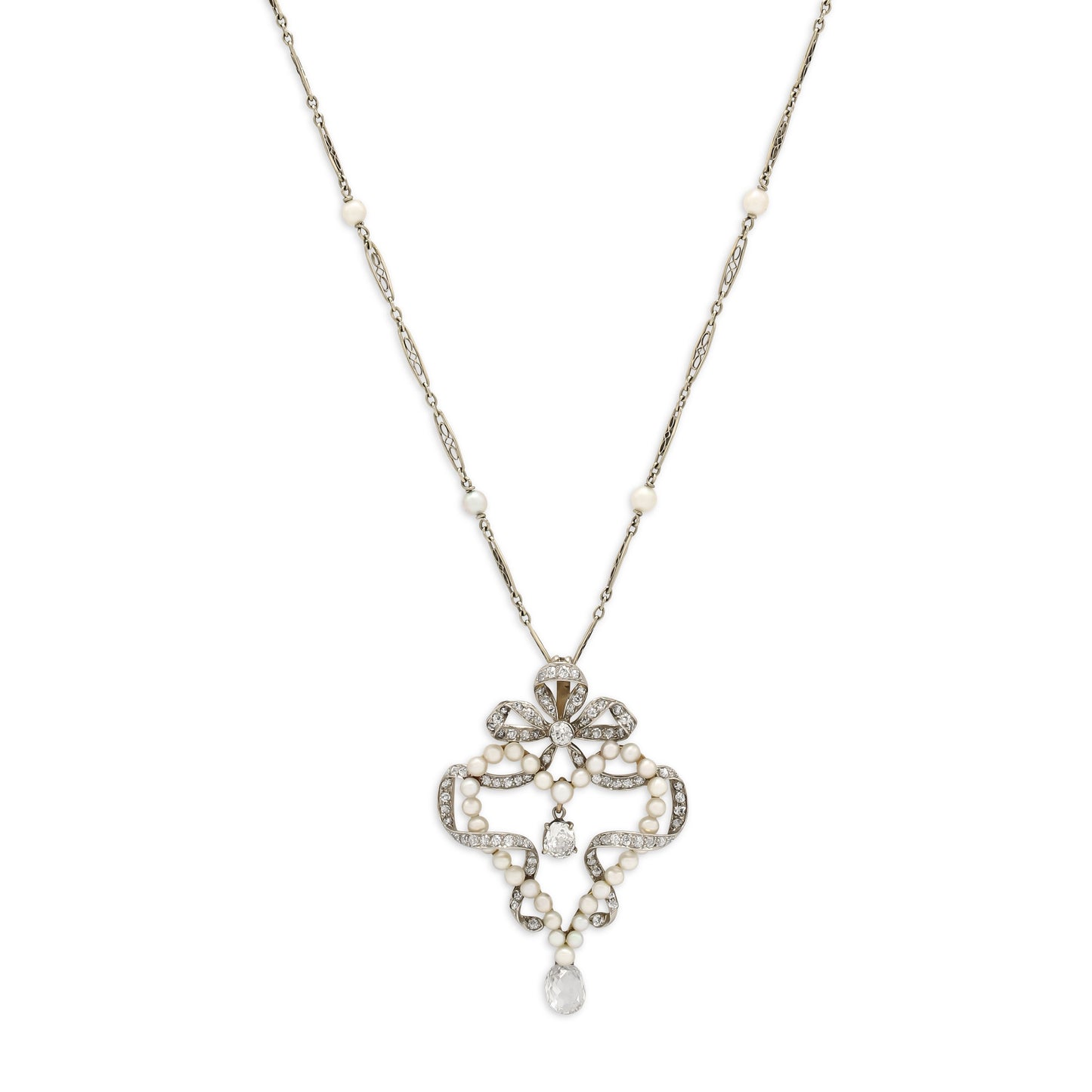 Antique Belle Époque Diamond and Pearl Pendant in Platinum over Gold