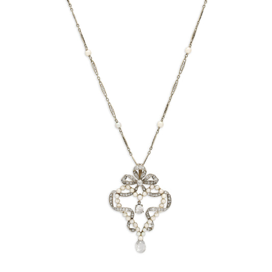 Antique Belle Époque Diamond and Pearl Pendant in Platinum over Gold