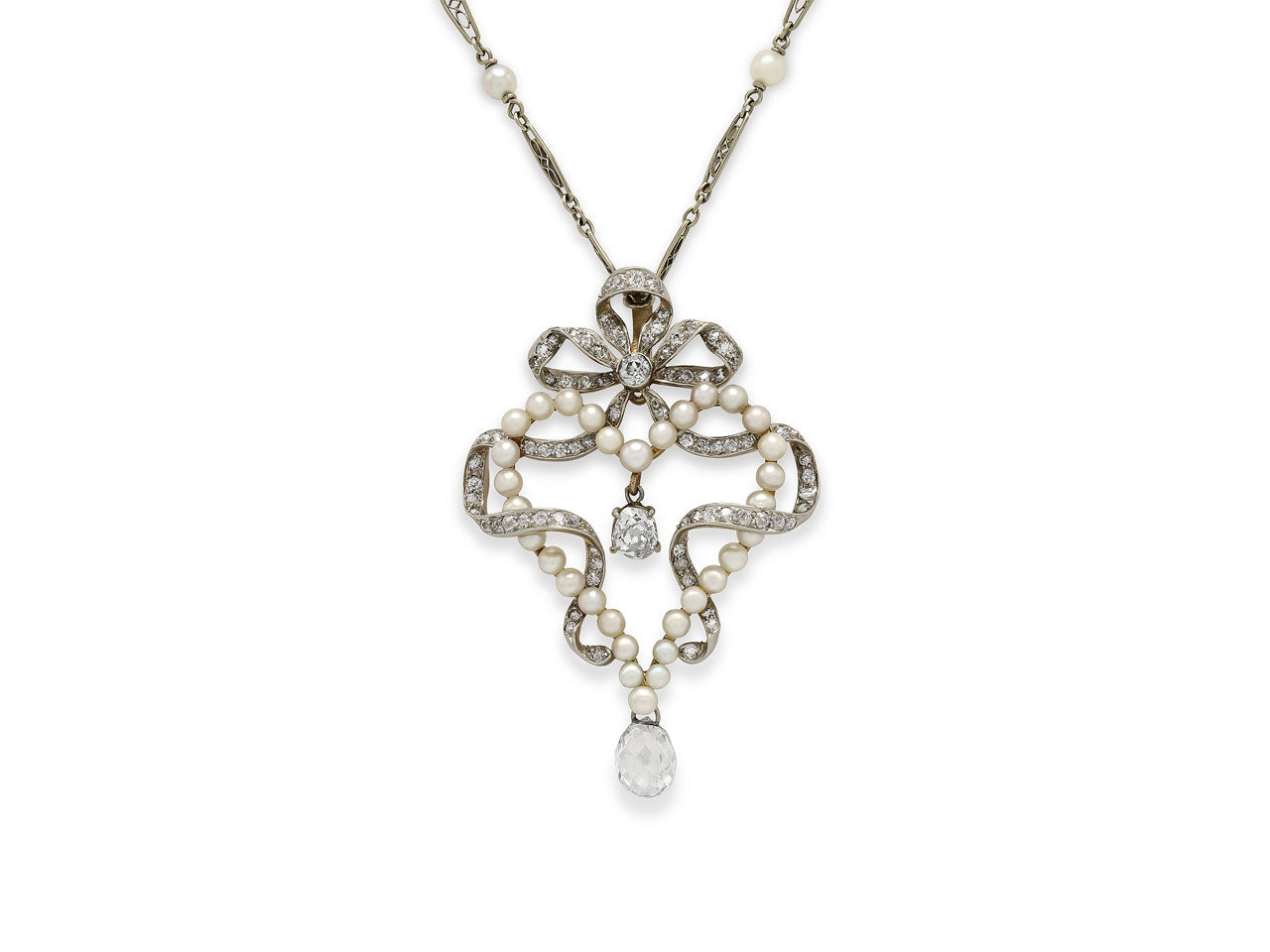Antique Belle Époque Diamond and Pearl Pendant in Platinum over Gold