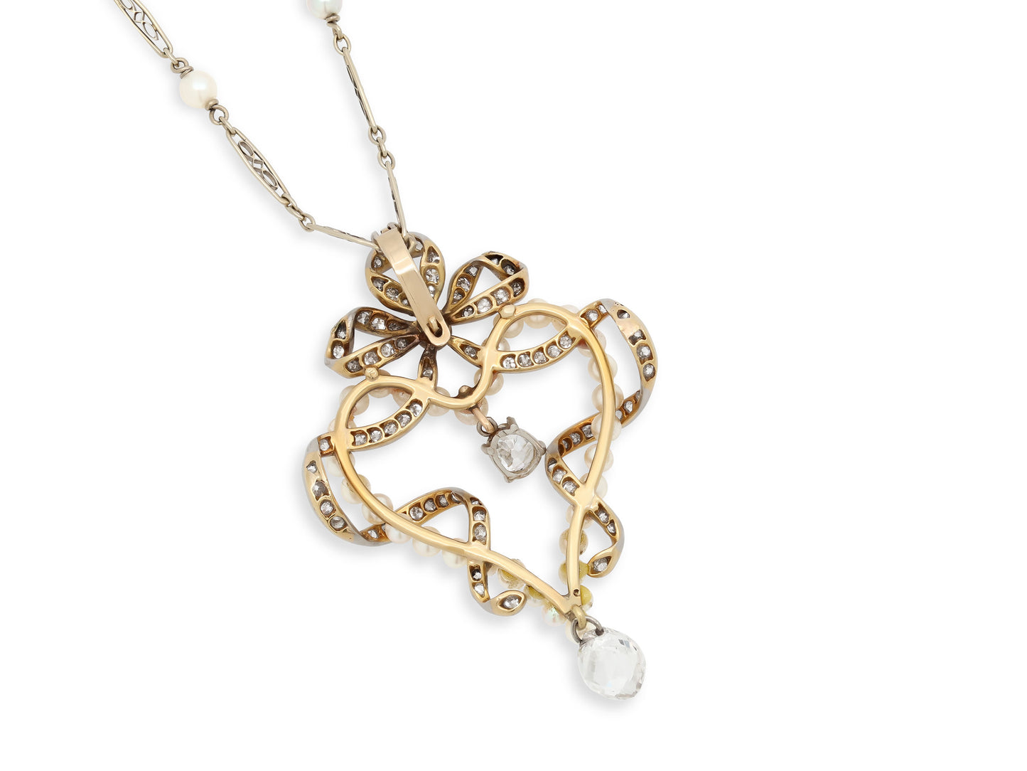 Antique Belle Époque Diamond and Pearl Pendant in Platinum over Gold