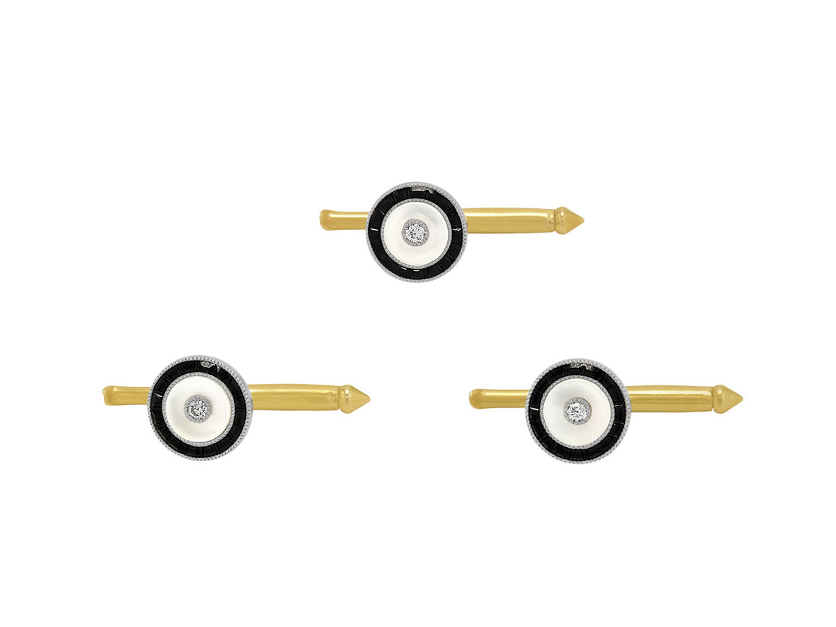 Three gold dress studs with onyx mother of pearl and diamonds