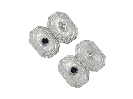 Antique cufflinks with etched panels and diamond and sapphire accents