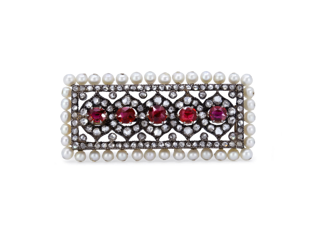 Antique Victorian Spinel, Pearl and Diamond Brooch in Silver over Gold