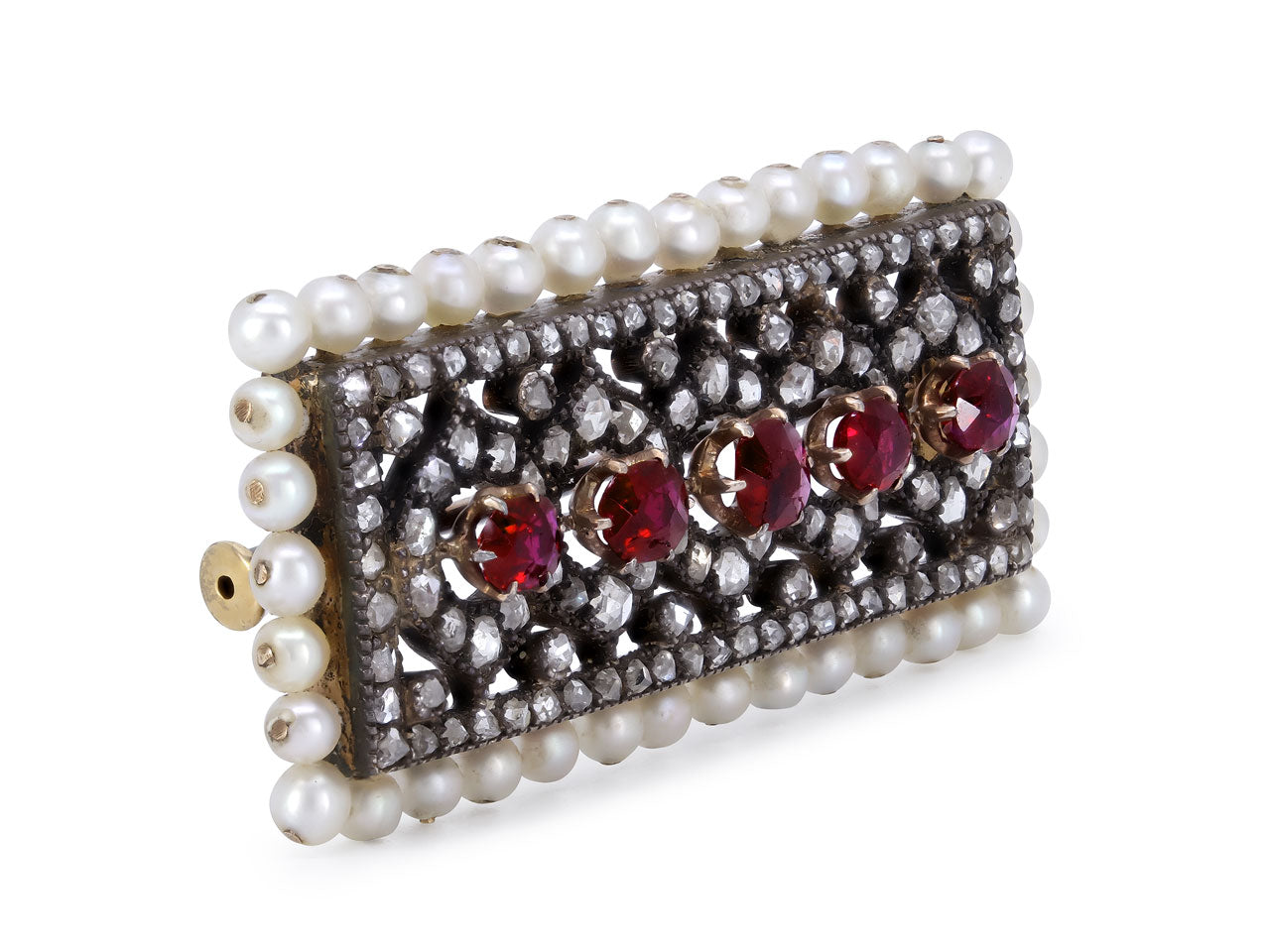 Antique Victorian Spinel, Pearl and Diamond Brooch in Silver over Gold