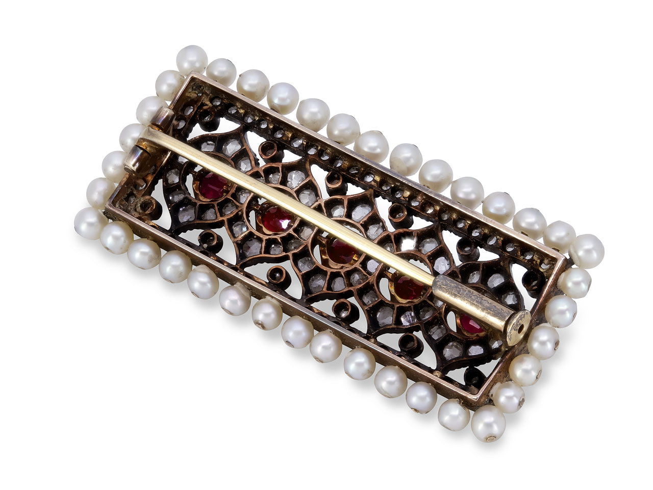 Antique Victorian Spinel, Pearl and Diamond Brooch in Silver over Gold