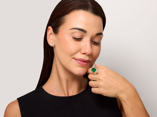 Cabochon Emerald, 10.00 Carat Zambian, and Diamond Ring in 18K Yellow Gold