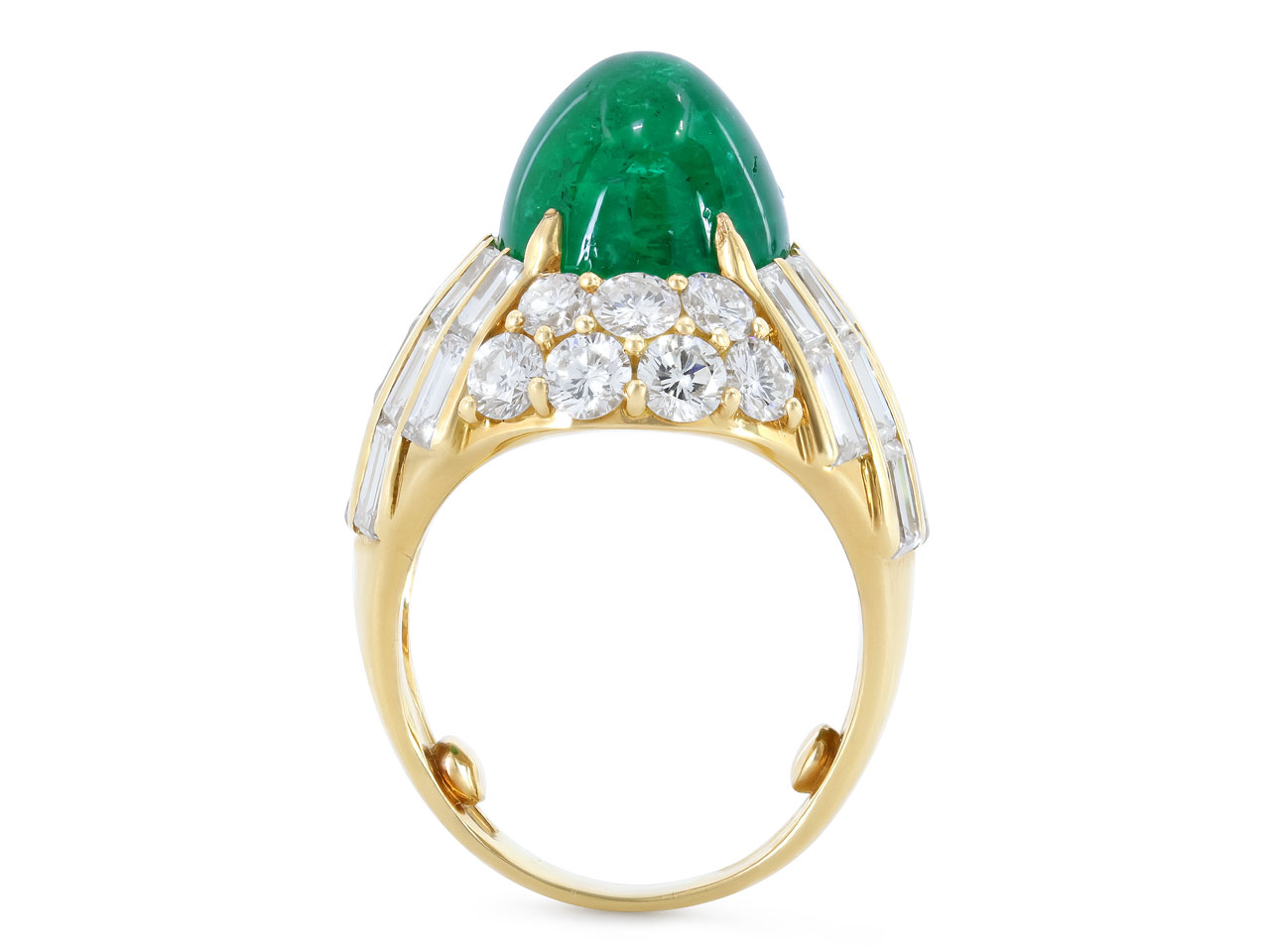 Cabochon Emerald, 10.00 Carat Zambian, and Diamond Ring in 18K Yellow Gold