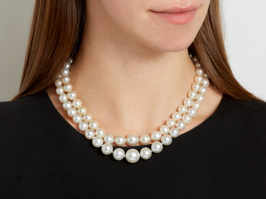 Mid-Century Double Strand South Sea Pearl Necklace with Diamond Platinum Clasp