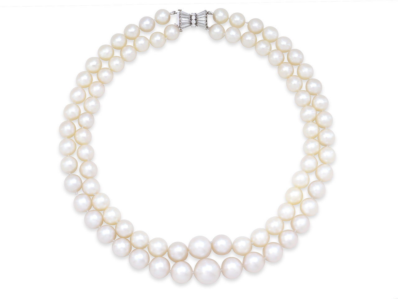 Mid-Century Double Strand South Sea Pearl Necklace with Diamond Platinum Clasp