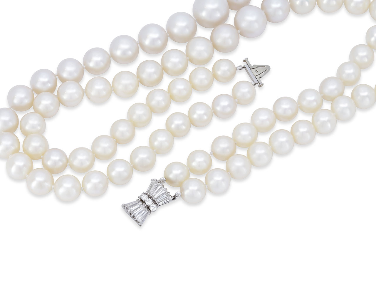 Mid-Century Double Strand South Sea Pearl Necklace with Diamond Platinum Clasp