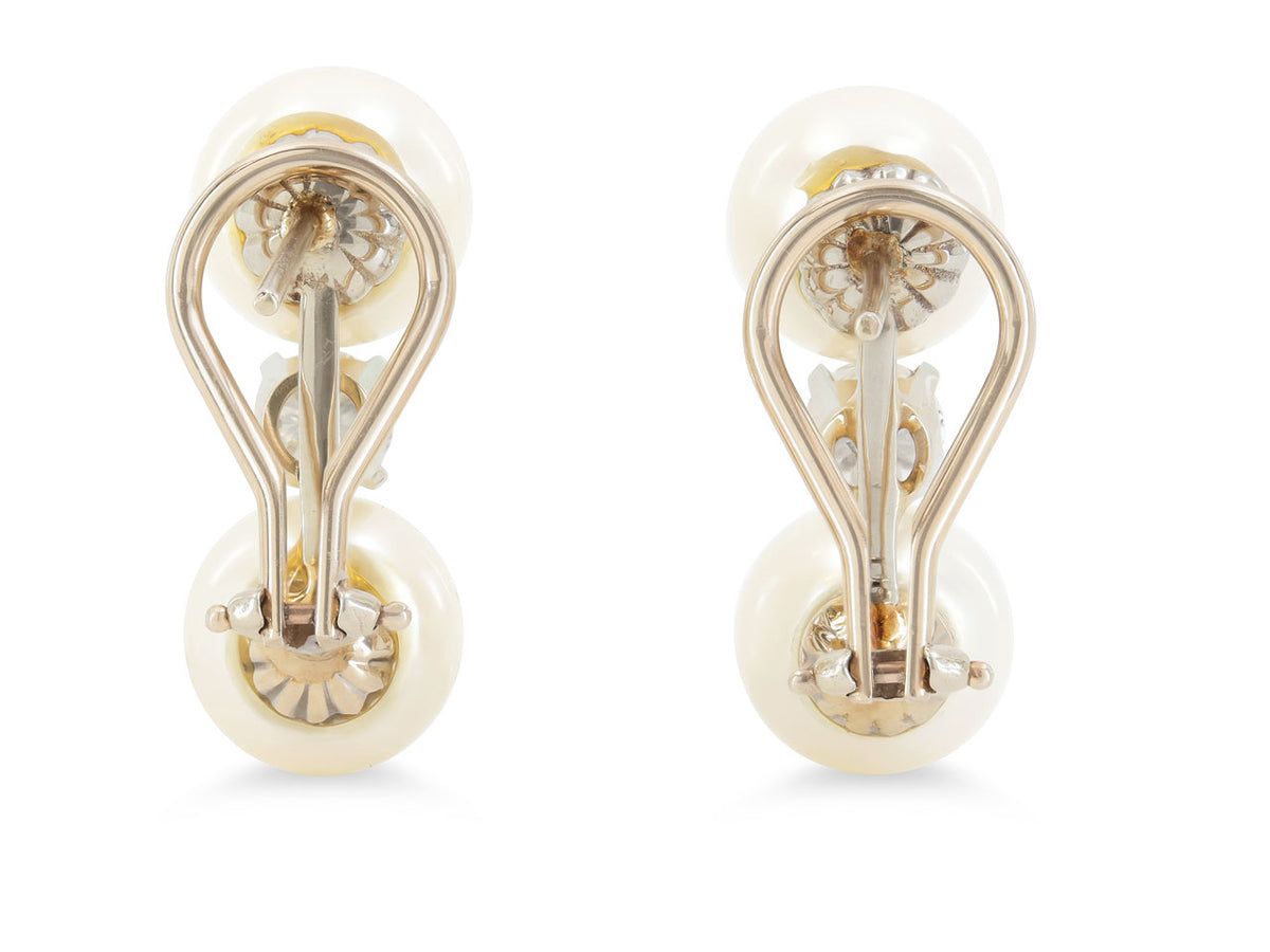 Back view of cultured pearl and diamond earrings