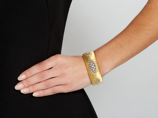 Wide textured 18K gold cuff bracelet with diamond navette motifs
