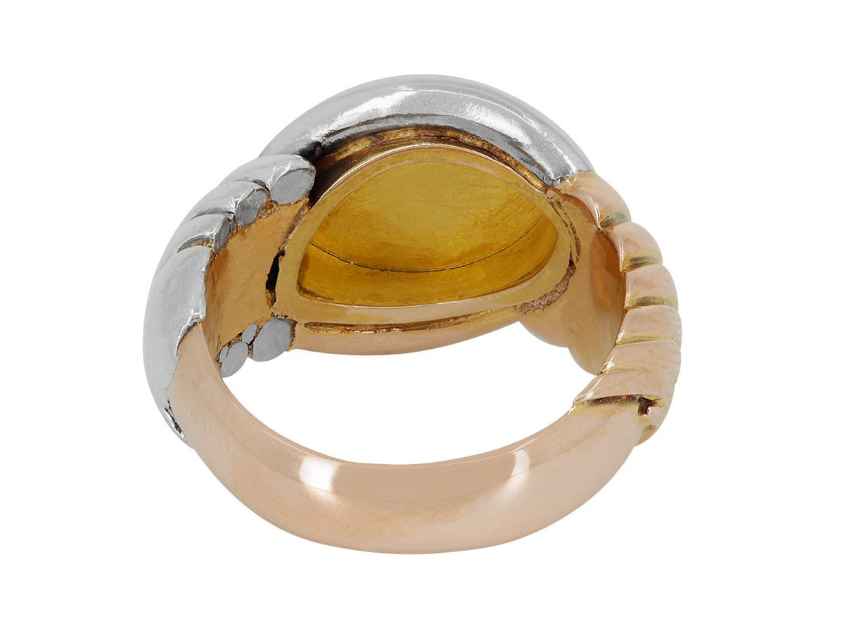 Navette signet ring in rose gold with yellow gold and platinum shoulders