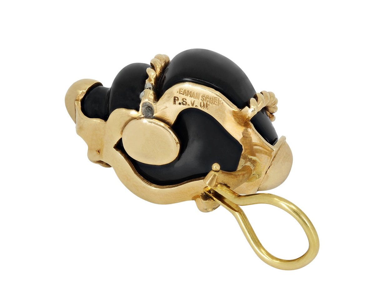 Black onyx shell earring with textured gold clip back
