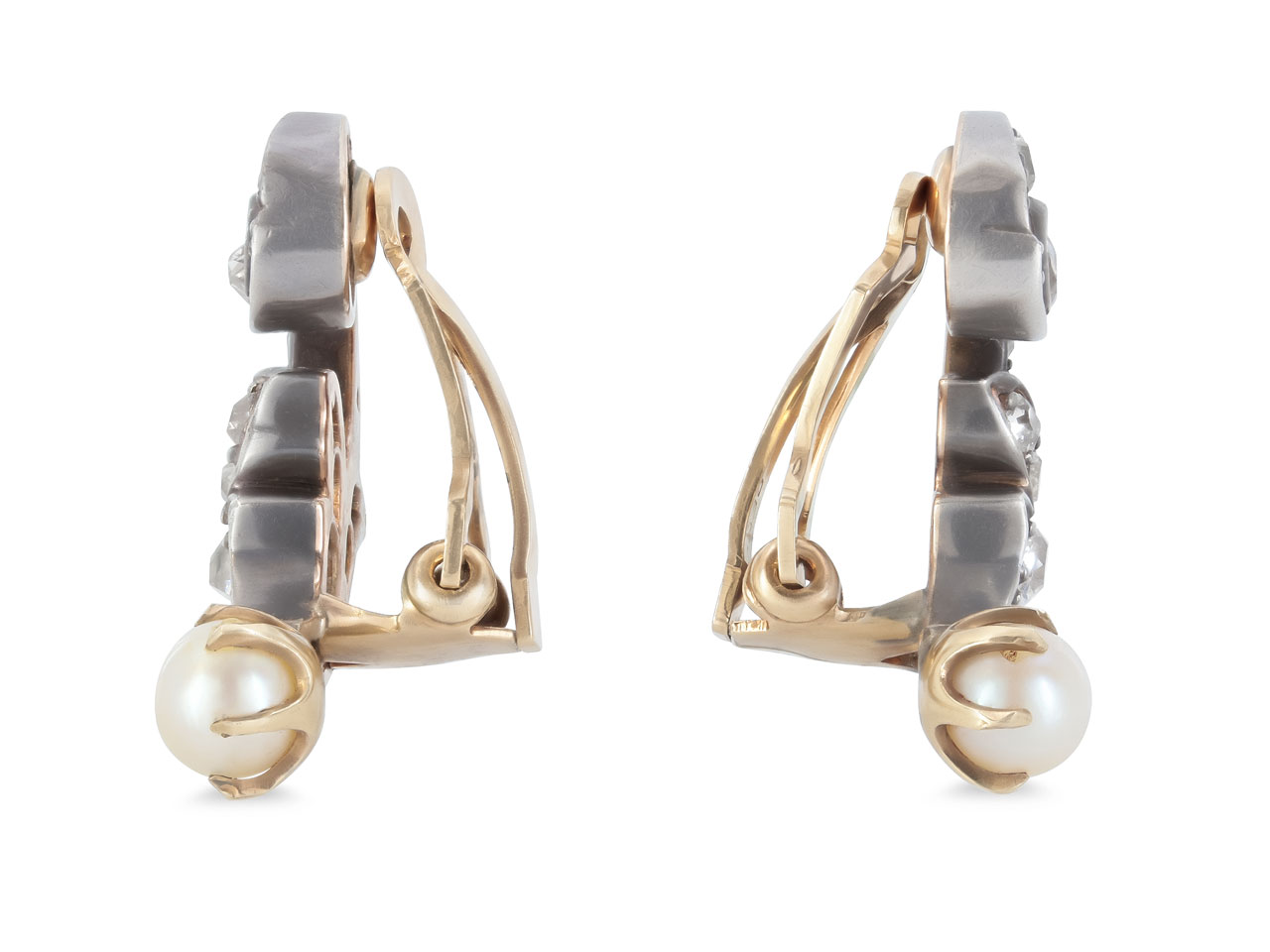 Antique Belle Epoque Diamond Earclips in Silver Over Gold