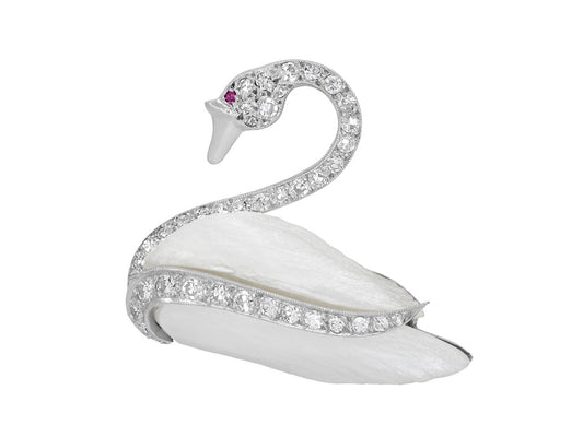Mid-Century Freshwater Pearl and Diamond Swan Brooch in 14K White Gold