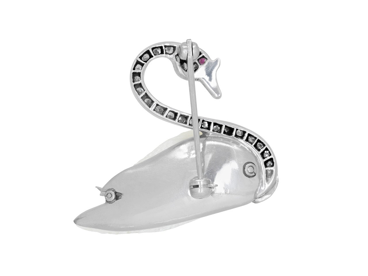 Mid-Century Freshwater Pearl and Diamond Swan Brooch in 14K White Gold