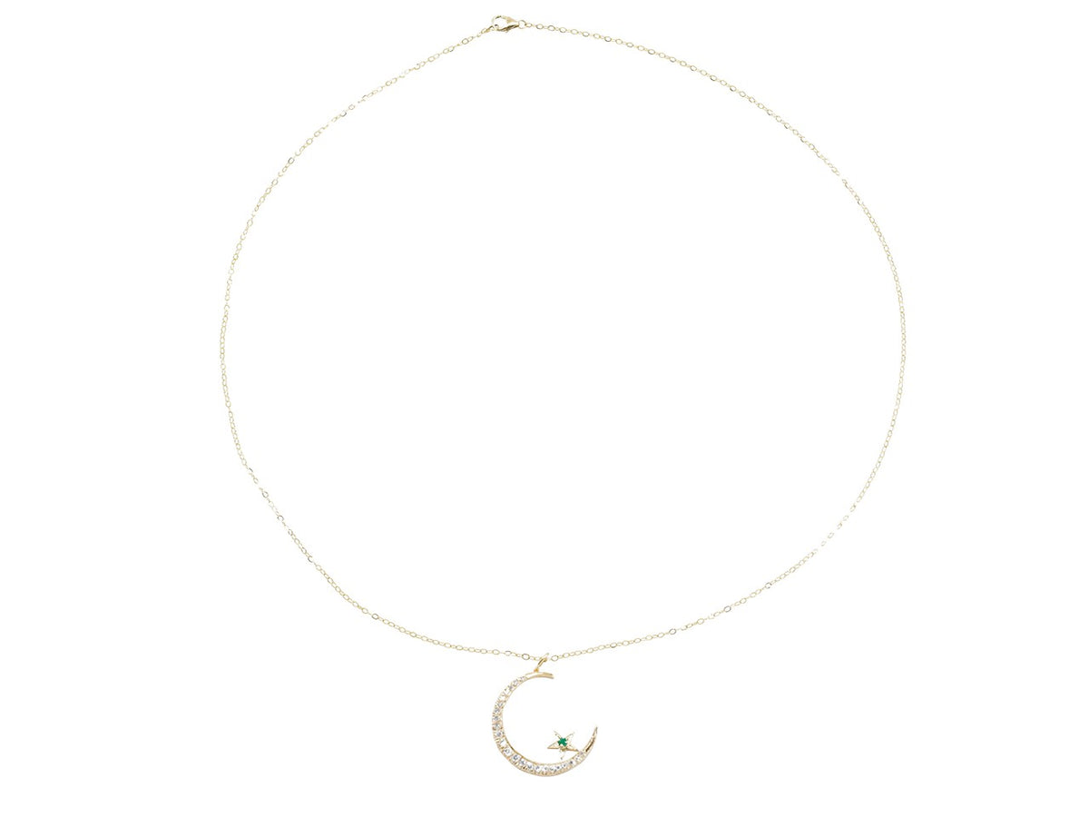 14K yellow gold necklace with diamond crescent and emerald star