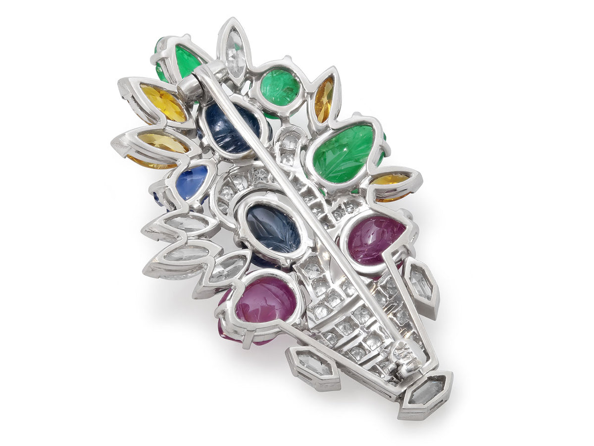 Art Deco platinum brooch with colorful gemstones