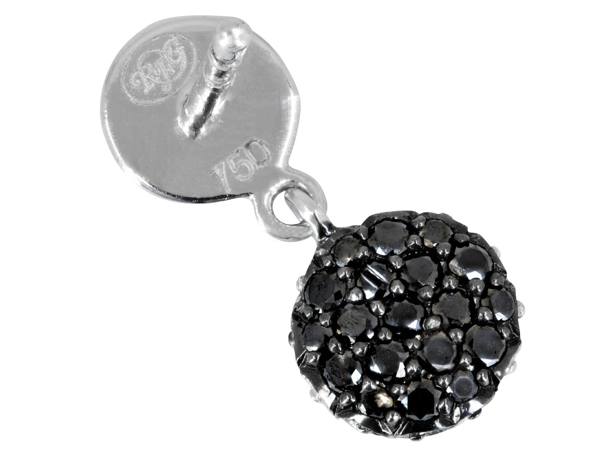 Close-up of a black diamond pavé round earring in white gold