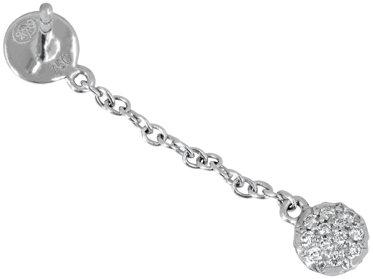 White gold dangle earring with pave diamond dots and link chain
