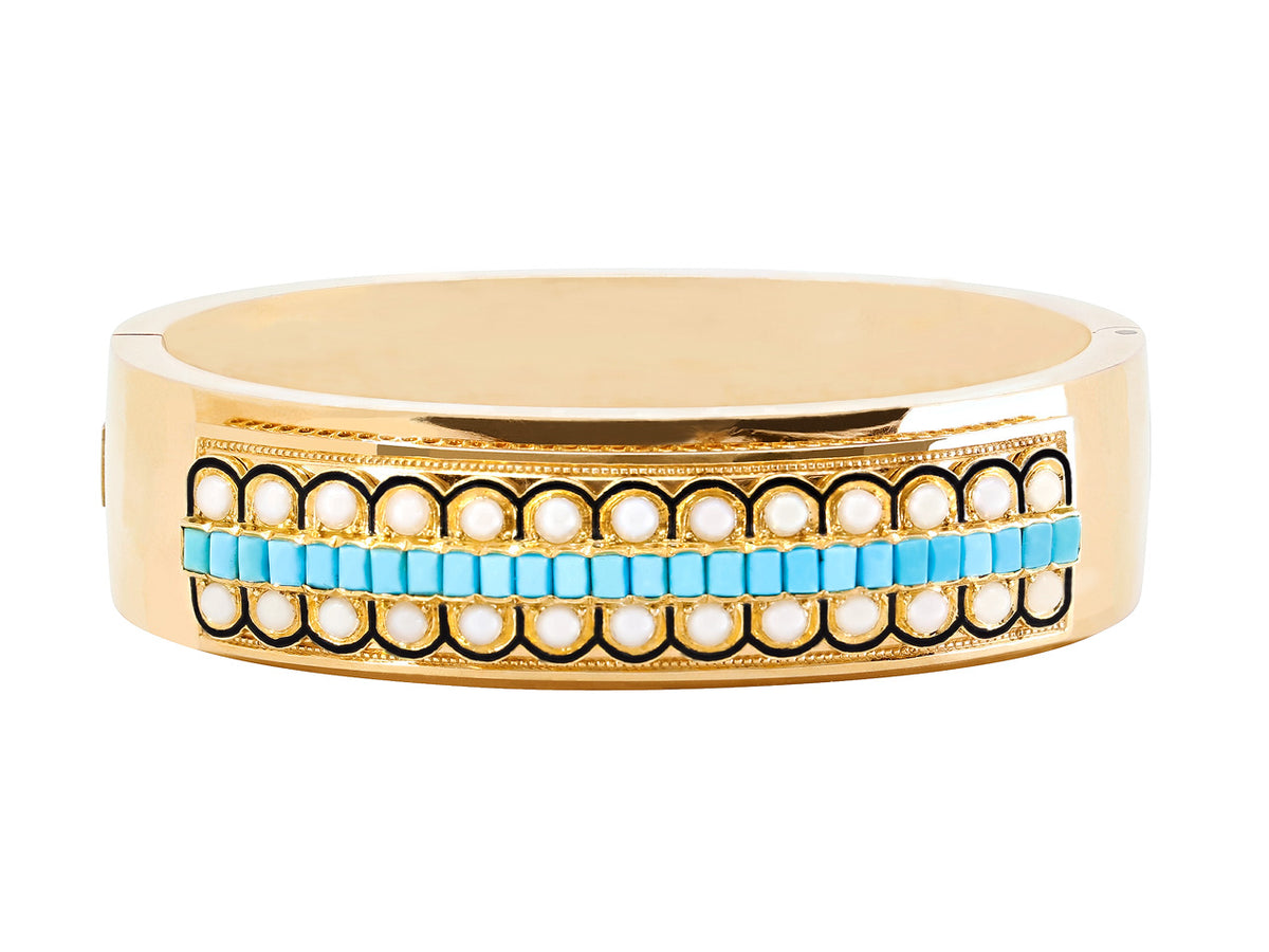 Antique gold bracelet with turquoise and pearl accents