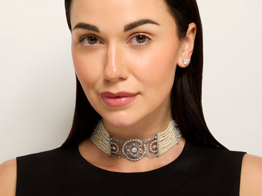 Edwardian Style Cultured Pearl, Natural Seed Pearl, and Diamond Choker in 18K White Gold