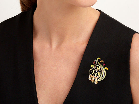 Antique Art Nouveau Diamond, Ruby, Pearl and Enamel Brooch in 15K