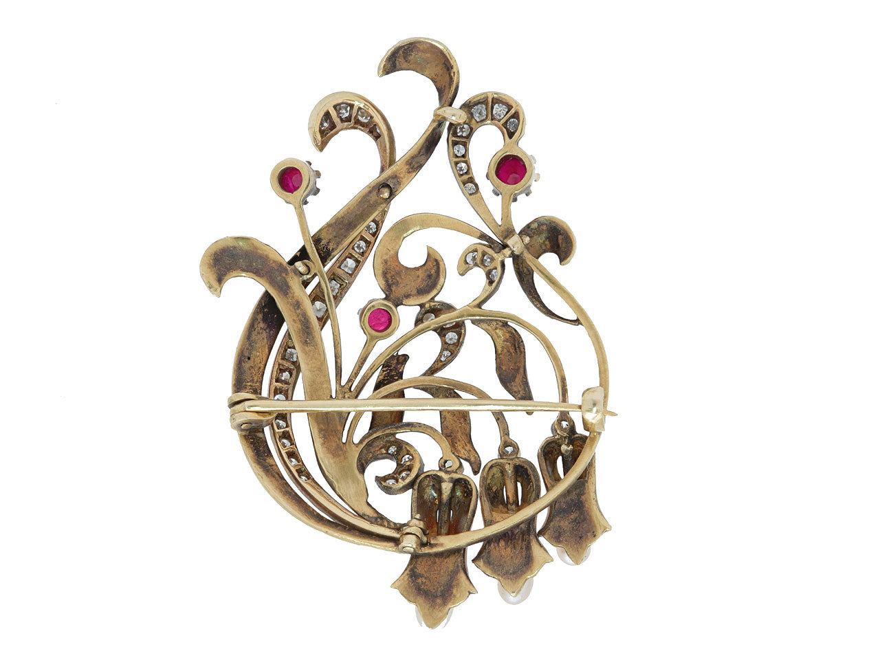 Antique Art Nouveau Diamond, Ruby, Pearl and Enamel Brooch in 15K