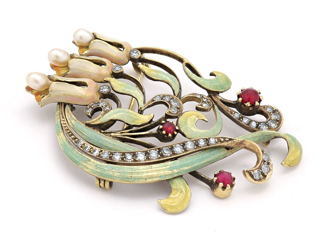Antique Art Nouveau Diamond, Ruby, Pearl and Enamel Brooch in 15K