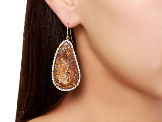 Boulder opal drop earring with diamond border