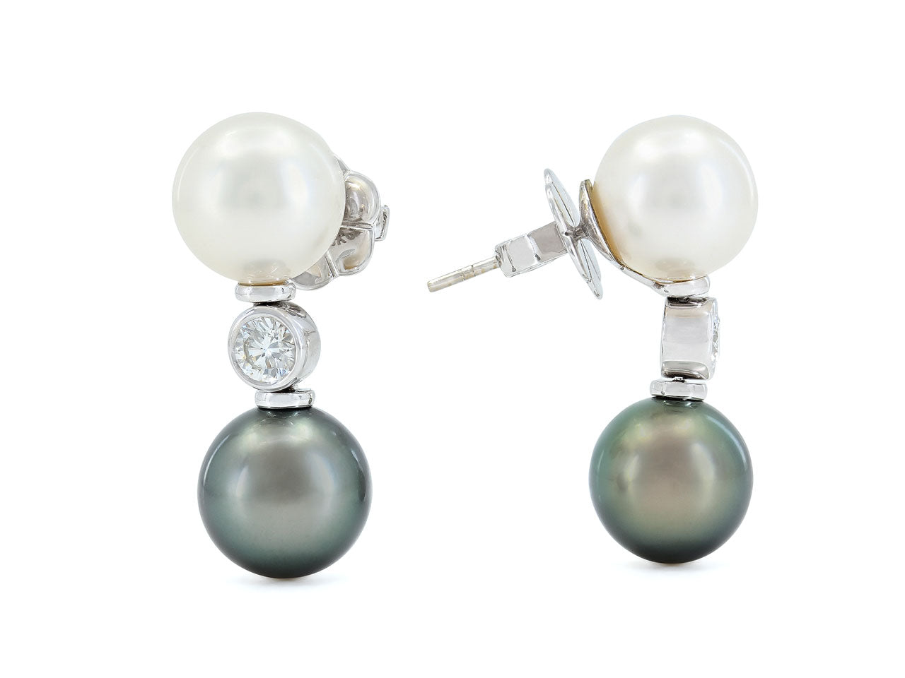 South Sea and Tahitian Pearl and Diamond Earrings in 18K White Gold